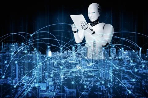 MLP Robot humanoid using tablet computer for global network connection Illustrazione stock