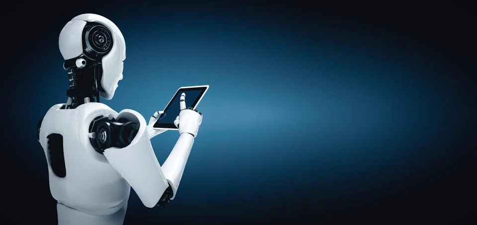 MLP Robot humanoid using tablet computer in future office 库存插图