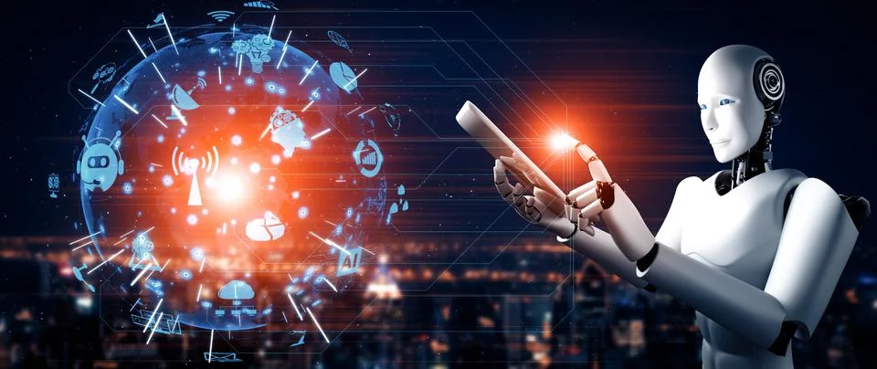 MLP Robot humanoid using tablet computer for global network connection 스톡 일러스트