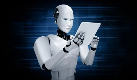 MLP Robot humanoid using tablet computer in future office Stock Illustration