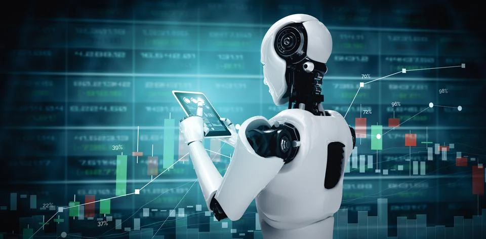 MLP Robot humanoid using tablet computer in concept of stock market trading Stock Illustration