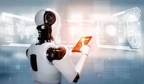 MLP Robot humanoid using tablet computer in concept of AI thinking brain 库存插图