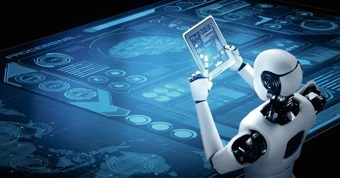 MLP Robot humanoid using tablet computer in concept of AI thinking brain Illustrazione stock