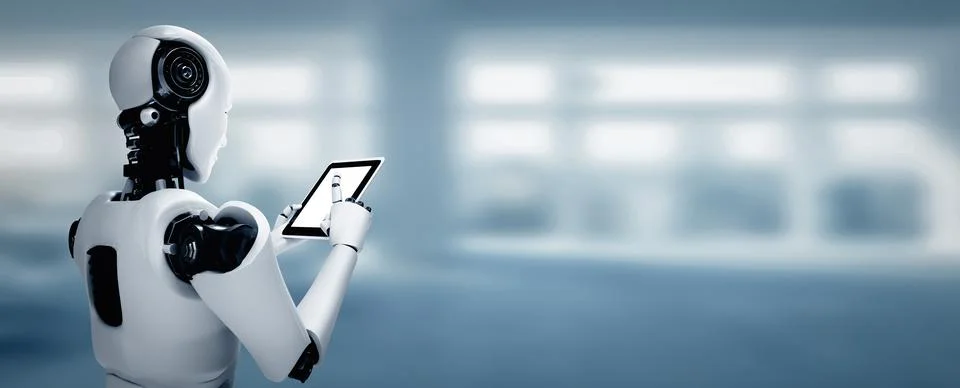 MLP Robot humanoid using tablet computer in future office Stock Illustration