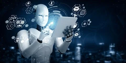 MLP Robot humanoid using tablet computer in concept of AI thinking brain Stock Illustration