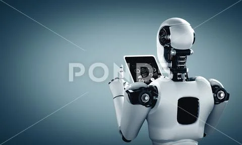 MLP Robot humanoid using tablet computer in future office 库存插图