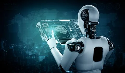 MLP Robot humanoid using tablet computer for big data analytic Stock Illustration