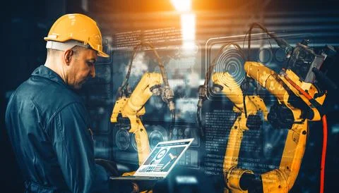 MLP Smart industry robot arms for digital factory production technology 스톡 사진