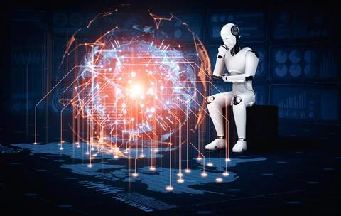 MLP Thinking AI humanoid robot analyzing hologram screen shows concept of 스톡 일러스트