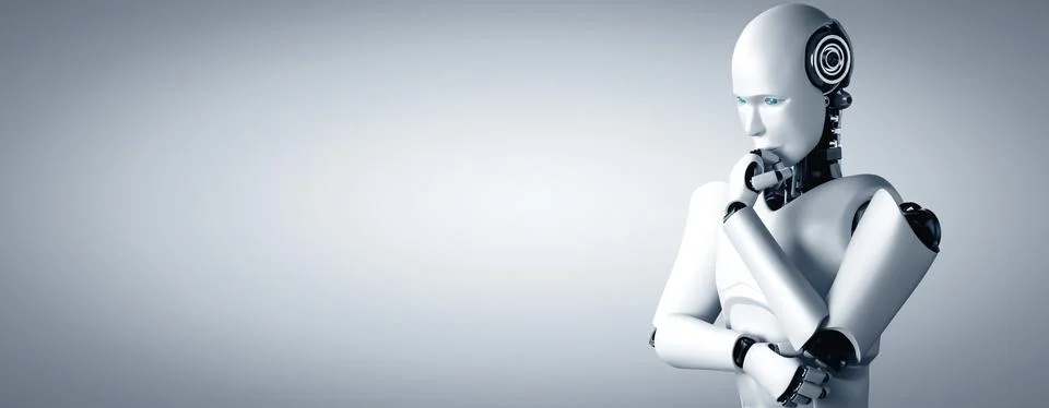MLP Thinking AI humanoid robot analyzing information data Stock Illustration
