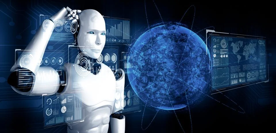 MLP Thinking AI humanoid robot analyzing hologram screen shows concept of 스톡 일러스트