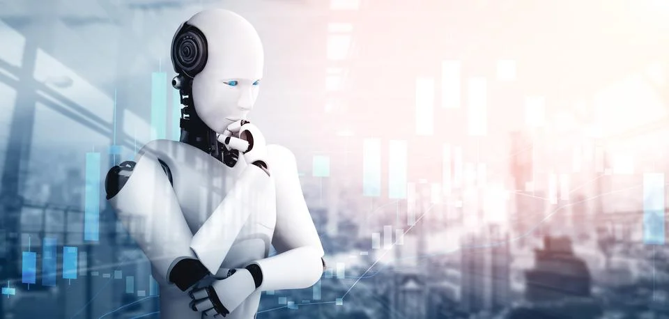 MLP Thinking AI humanoid robot analyzing stock market exchange trading Stock Illustration
