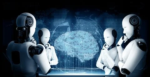 MLP Thinking AI humanoid robot analyzing hologram screen showing concept of AI 스톡 일러스트