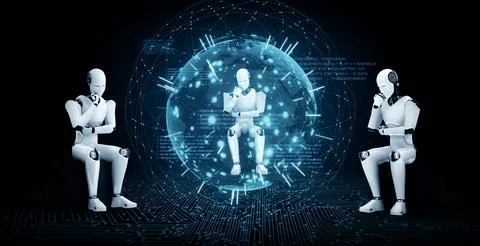 MLP Thinking AI humanoid robot analyzing hologram screen shows concept of 스톡 일러스트