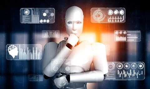 MLP Thinking AI humanoid robot analyzing hologram screen showing concept big Stock Illustration