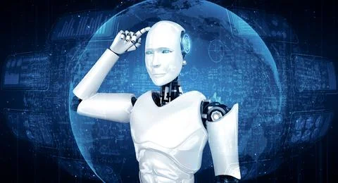 MLP Thinking AI humanoid robot analyzing screen of mathematics formula and Illustrazione stock