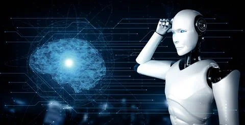 MLP Thinking AI humanoid robot analyzing hologram screen showing concept of AI 스톡 일러스트