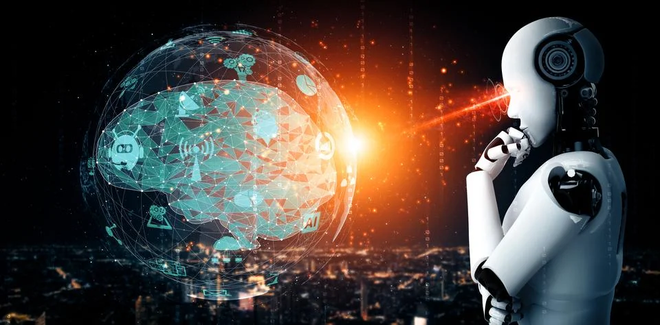 MLP Thinking AI humanoid robot analyzing hologram screen shows concept of 스톡 일러스트