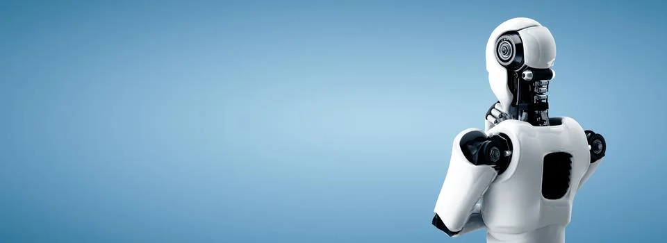 MLP Thinking AI humanoid robot analyzing information data Stock Illustration