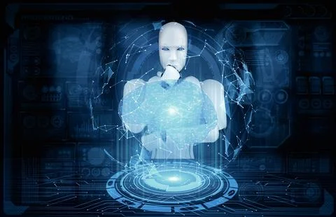 MLP Thinking AI humanoid robot analyzing hologram screen showing concept of AI Stockillustratie