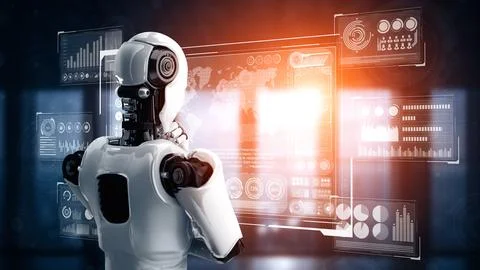 MLP Thinking AI humanoid robot analyzing hologram screen showing concept big Stock Illustration