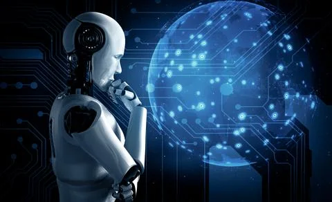 MLP Thinking AI humanoid robot analyzing hologram screen shows concept of Stockillustratie