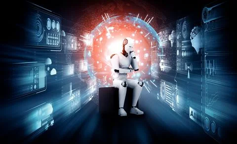 MLP Thinking AI humanoid robot analyzing hologram screen shows concept of 스톡 일러스트