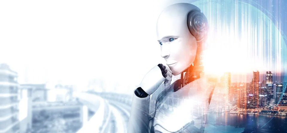 MLP Thinking AI humanoid robot analyzing information data Illustrazione stock