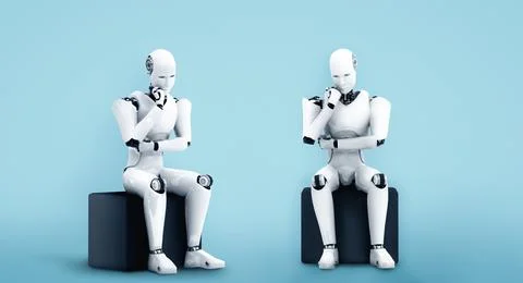 MLP Thinking AI humanoid robot analyzing information data Stock Illustration