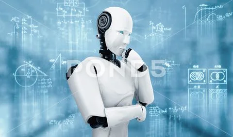 MLP Thinking AI humanoid robot analyzing screen of mathematics formula ...