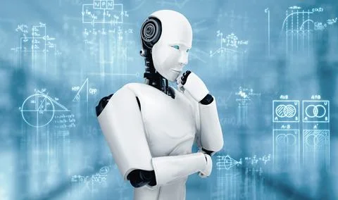 MLP Thinking AI humanoid robot analyzing screen of mathematics formula and Stock Illustration