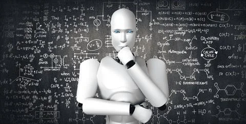 MLP Thinking AI humanoid robot analyzing screen of mathematics formula and Stockillustratie