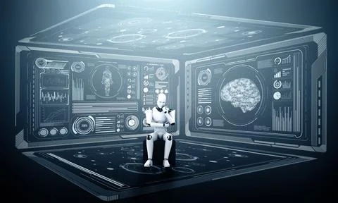 MLP Thinking AI humanoid robot analyzing hologram screen showing concept big Stock Illustration