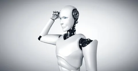 MLP Thinking AI humanoid robot analyzing information data 库存插图