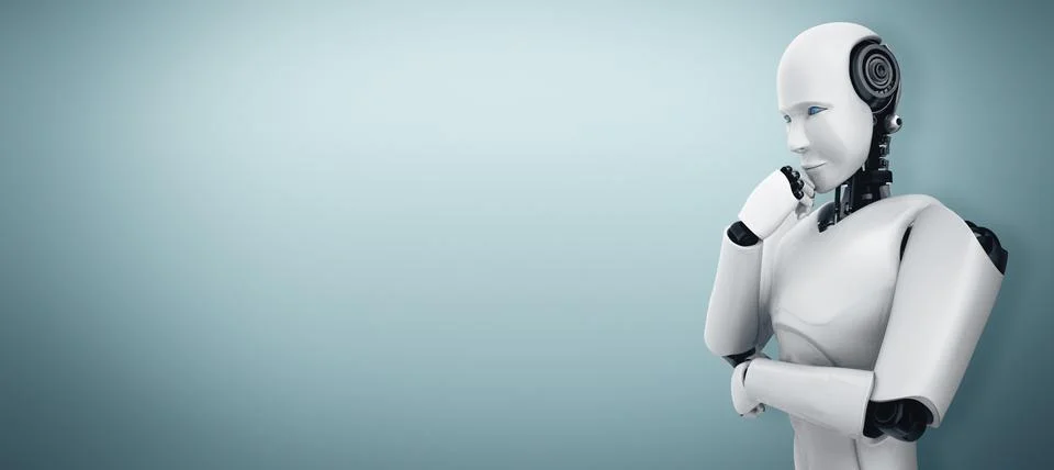 MLP Thinking AI humanoid robot analyzing information data Stock Illustration