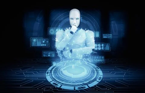 MLP Thinking AI humanoid robot analyzing hologram screen showing concept big Stock Illustration