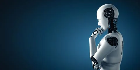 MLP Thinking AI humanoid robot analyzing information data Stock Illustration