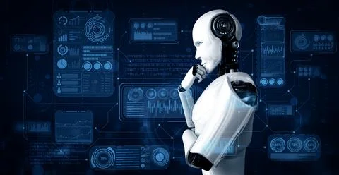 MLP Thinking AI humanoid robot analyzing hologram screen showing concept big Illustrazione stock