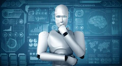 MLP Thinking AI humanoid robot analyzing hologram screen showing concept big 스톡 일러스트