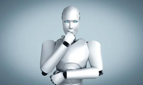 MLP Thinking AI humanoid robot analyzing information data Illustrazione stock