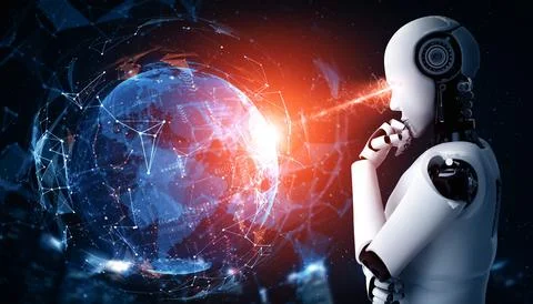MLP Thinking AI humanoid robot analyzing hologram screen shows concept of 스톡 일러스트