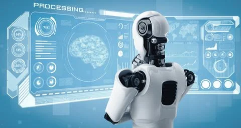 MLP Thinking AI humanoid robot analyzing hologram screen showing concept of AI 스톡 일러스트