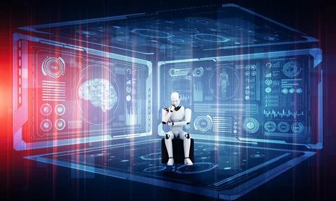 MLP Thinking AI humanoid robot analyzing hologram screen showing concept big Illustrazione stock