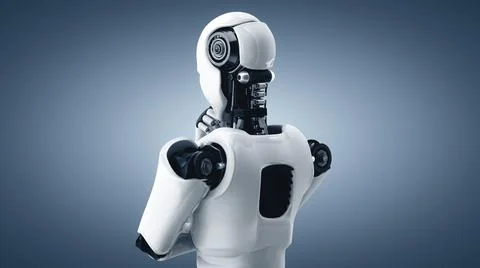 MLP Thinking AI humanoid robot analyzing information data 库存插图