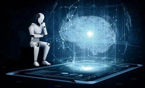 MLP Thinking AI humanoid robot analyzing hologram screen showing concept of AI Stock Illustration