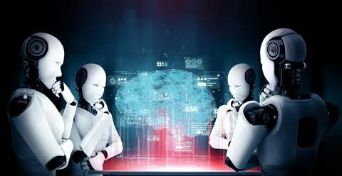 MLP Thinking AI humanoid robot analyzing hologram screen showing concept of AI イラスト素材