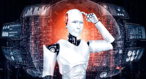 MLP Thinking AI humanoid robot analyzing screen of mathematics formula and Stock Illustration