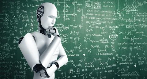 MLP Thinking AI humanoid robot analyzing screen of mathematics formula and 스톡 일러스트