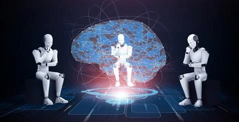 MLP Thinking AI humanoid robot analyzing hologram screen showing concept of AI Stock Illustration