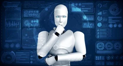 MLP Thinking AI humanoid robot analyzing hologram screen showing concept big Stock Illustration